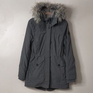 Hollister Women's Charcoal Ski Jacket with Faux Fur Hood